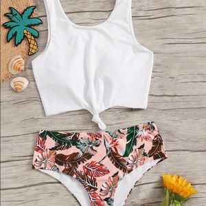 Knot Front Top With Tropical Bikini Set